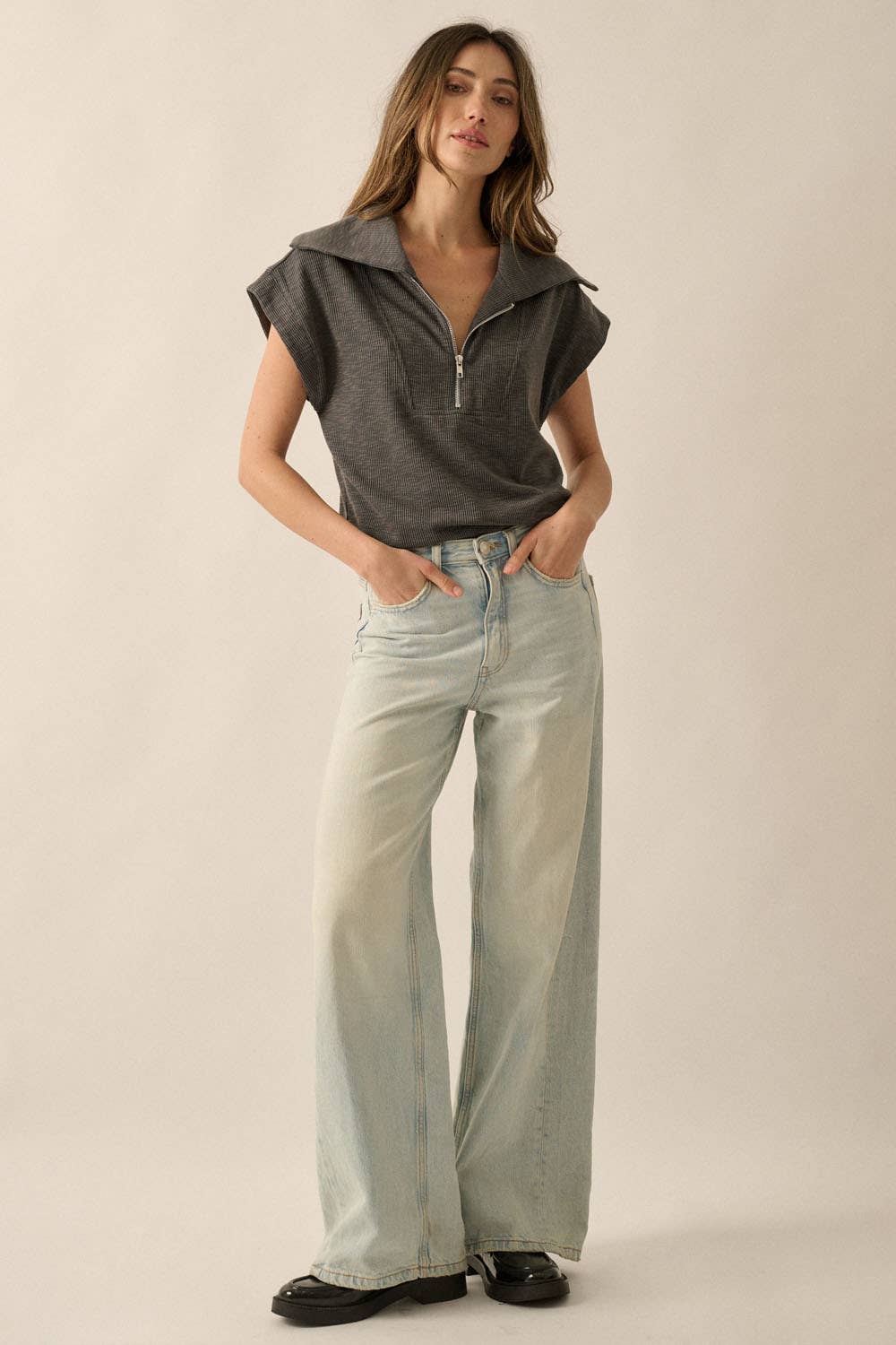Oversized Collar Half-Zip Rib-Knit Top
