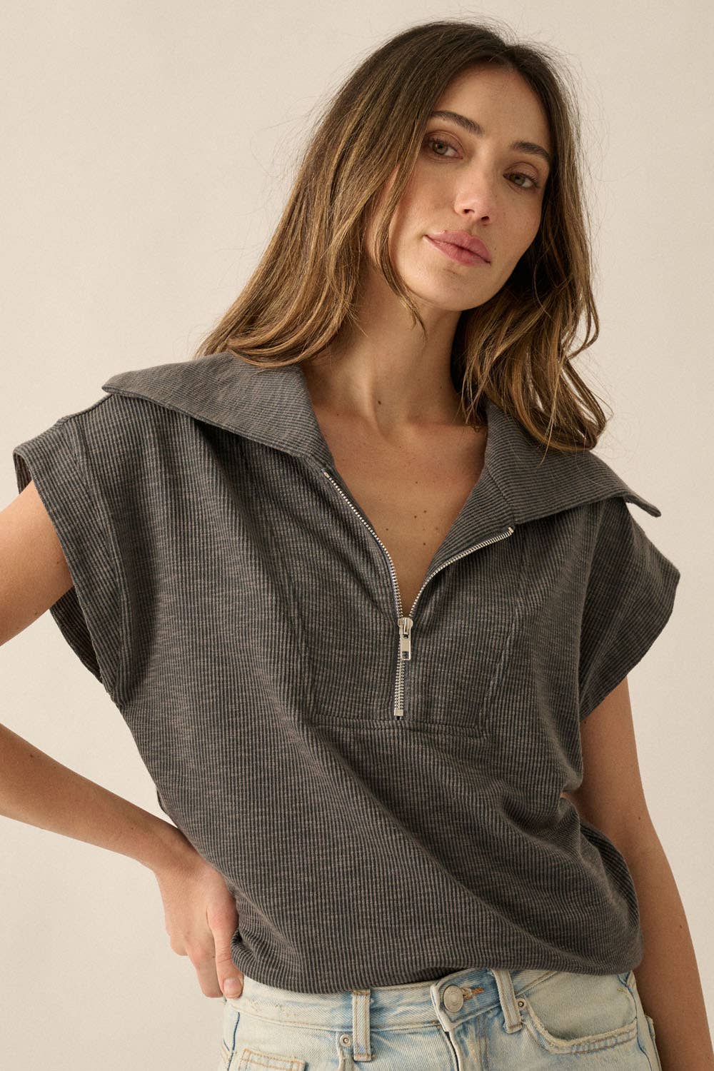 Oversized Collar Half-Zip Rib-Knit Top