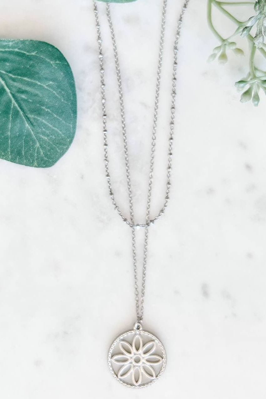 Two-layer Silver Necklace with Flower Pendant