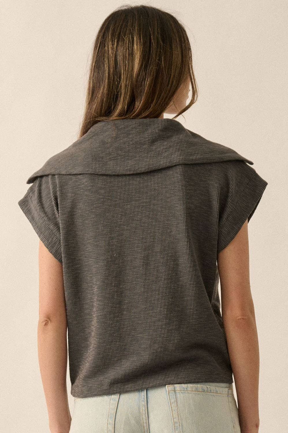 Oversized Collar Half-Zip Rib-Knit Top