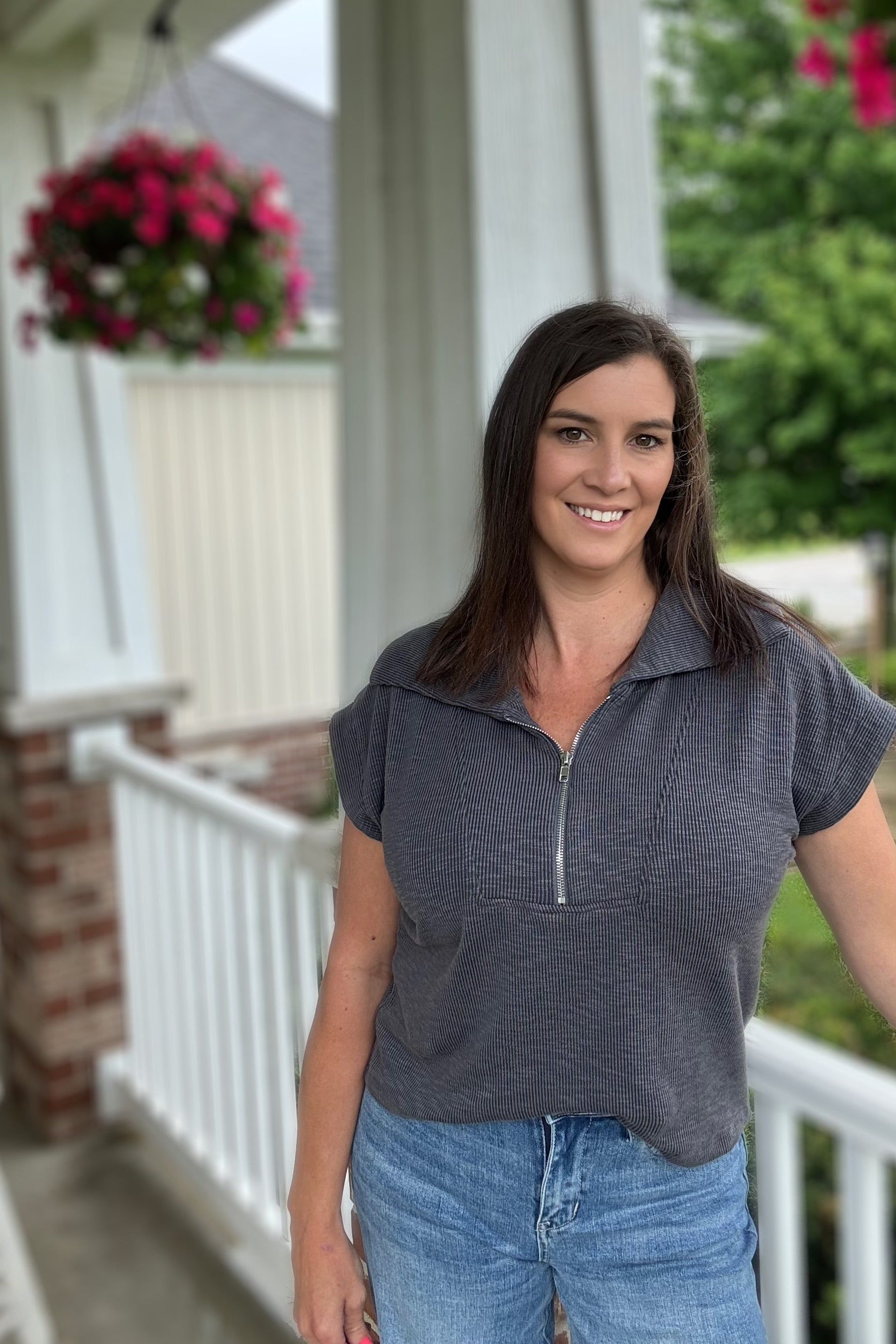 Oversized Collar Half-Zip Rib-Knit Top