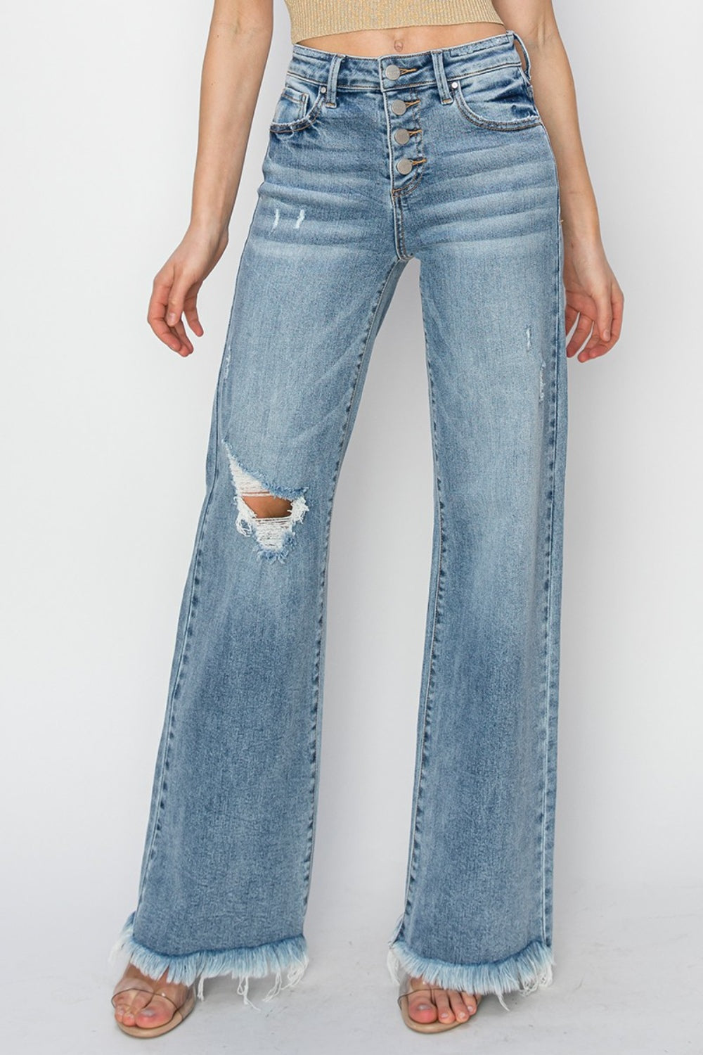 Mid Rise Button Fly Wide Leg Jeans