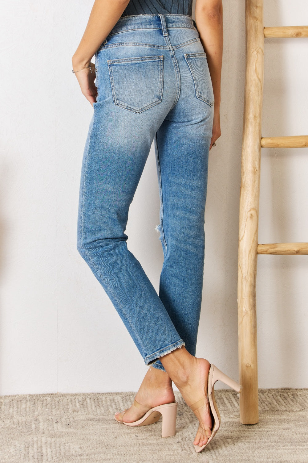 High Rise Distressed Slim Straight Jeans