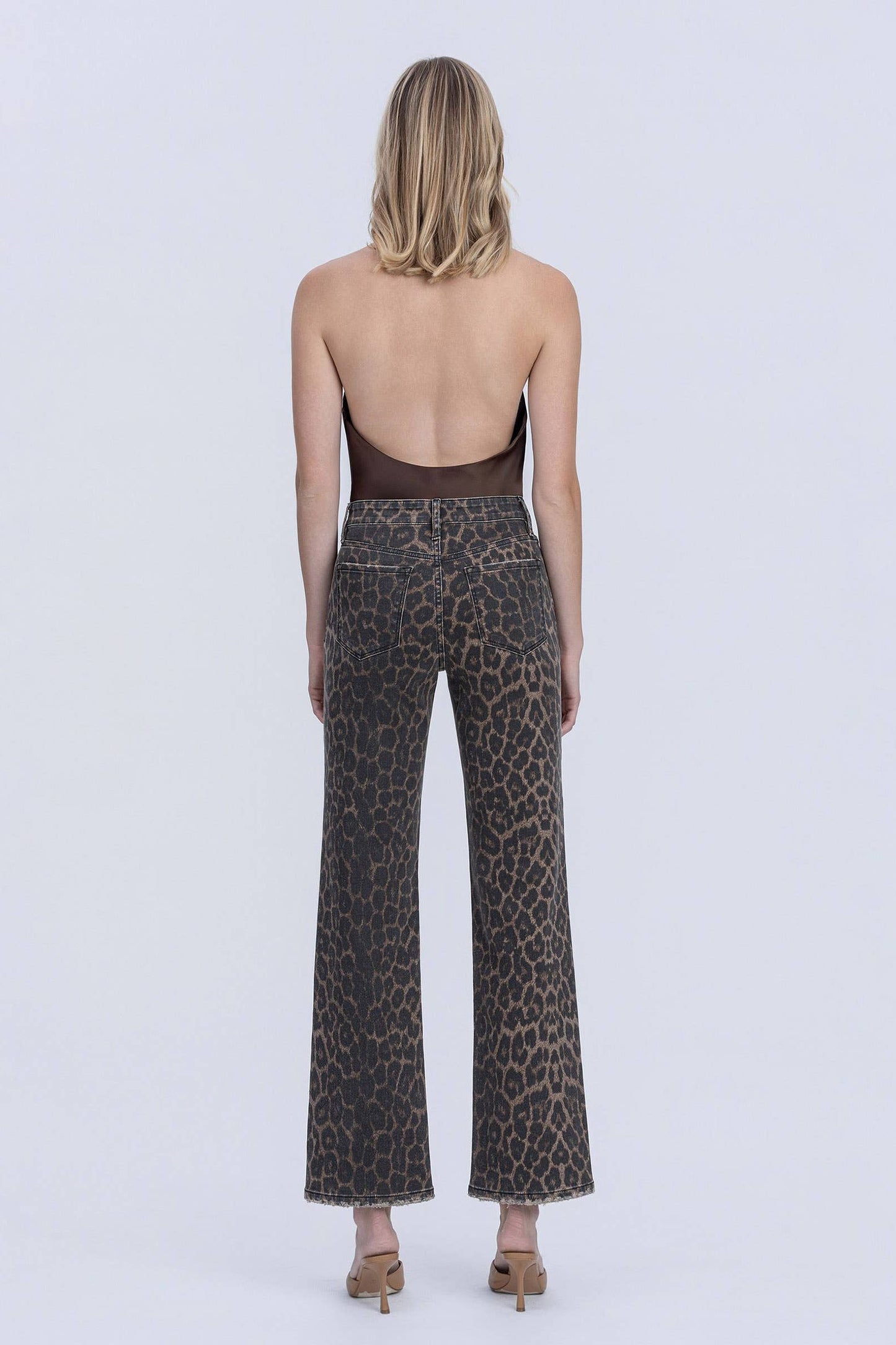 High Rise Leopard Print Slim Wide Jeans