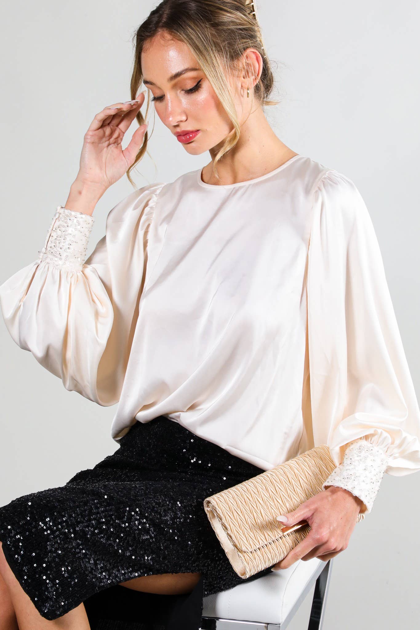 Sequin Cuff Detail Boat Neck Satin Blouse Top