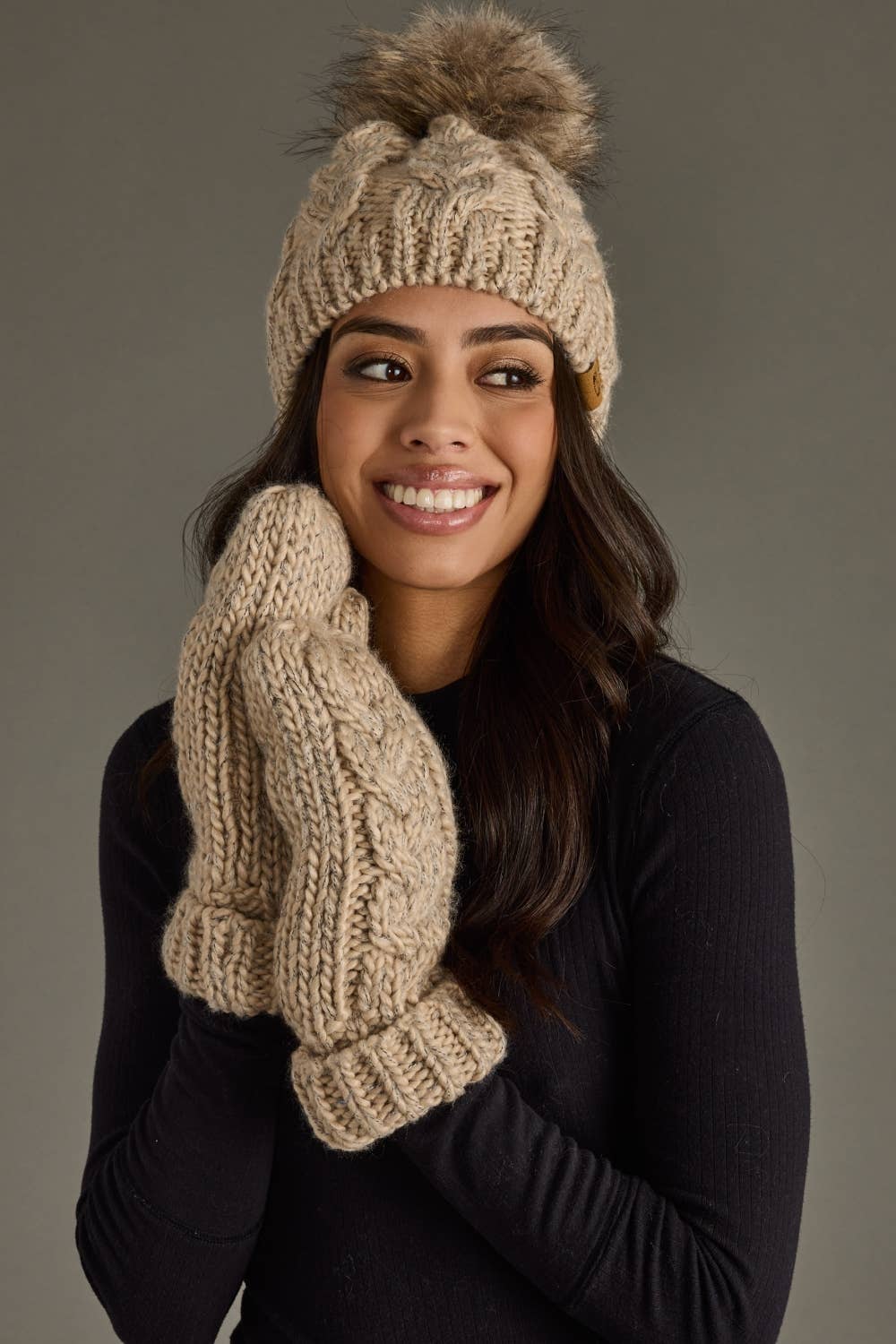 Taupe Cable Knit Pom Hat