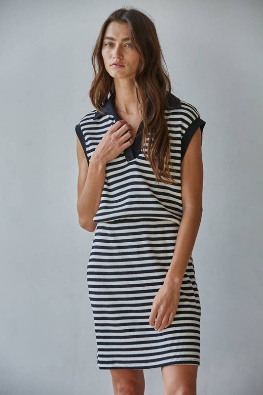 Knit Cotton Spandex Striped Ribbed V-Neck Polo Mini