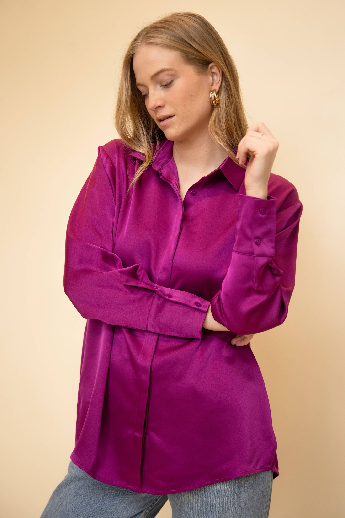 Satin Placket Cover Button Up Shirt