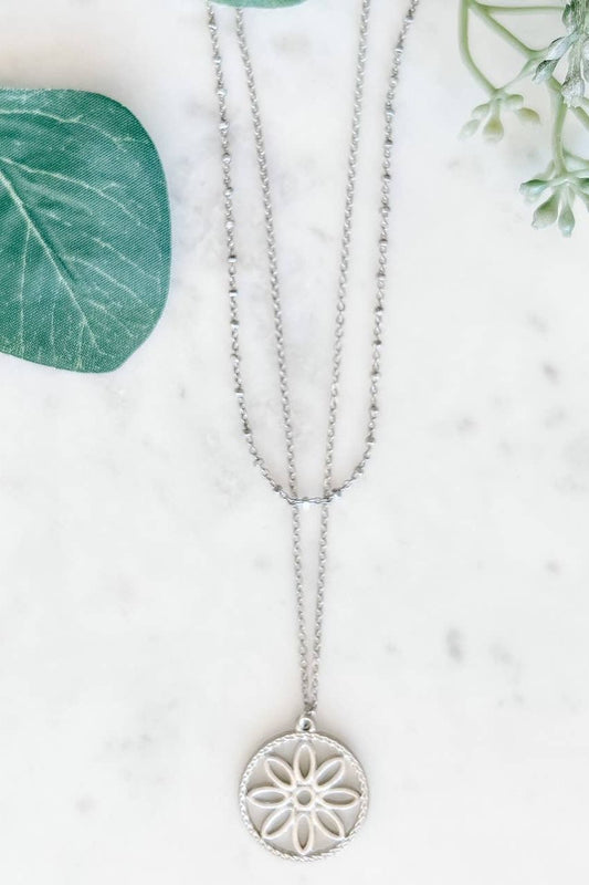 Two-layer Silver Necklace with Flower Pendant