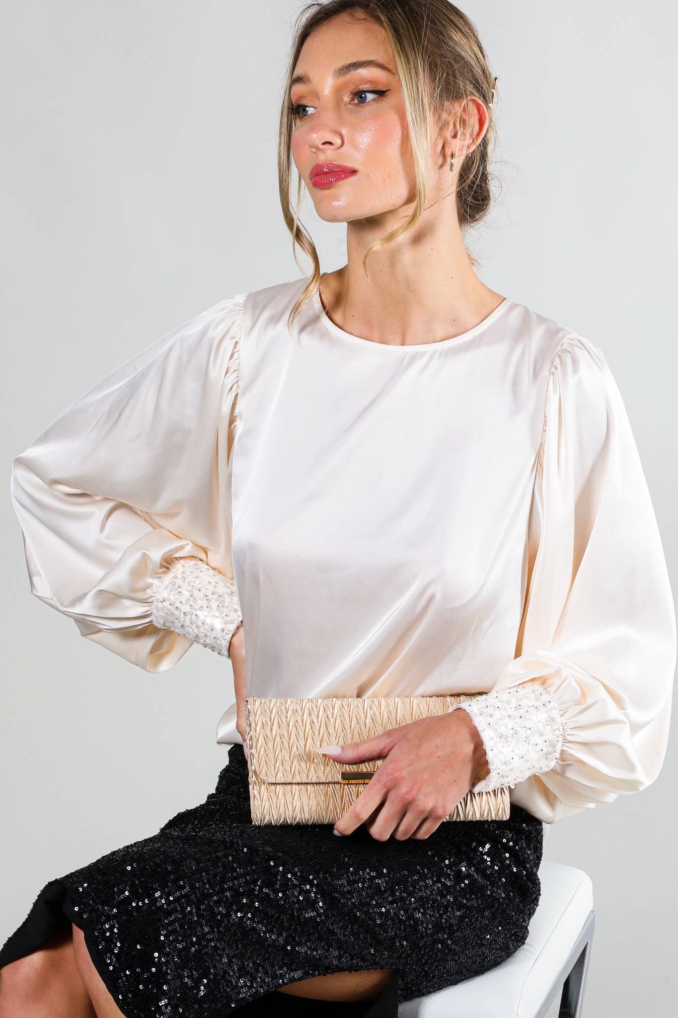 Sequin Cuff Detail Boat Neck Satin Blouse Top