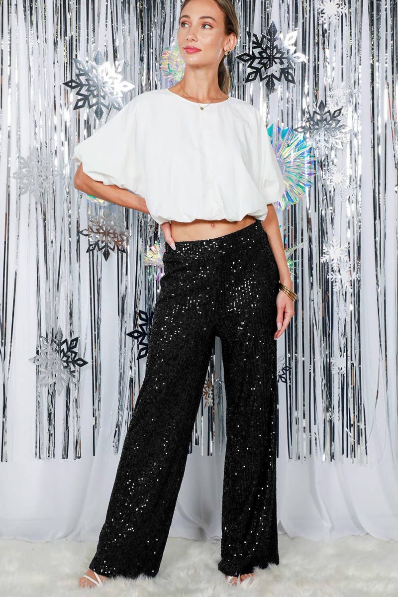 Sequined Straight Wide-Leg Pants