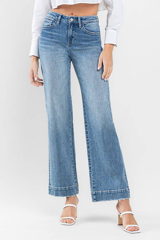High Rise Wide Leg Jeans With Trouser Hem Detail