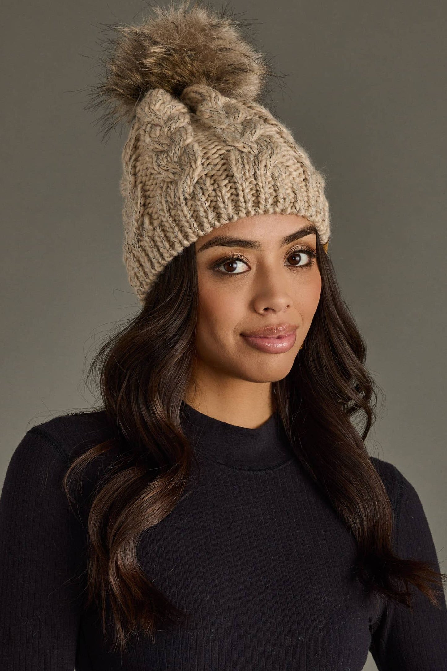 Taupe Cable Knit Pom Hat