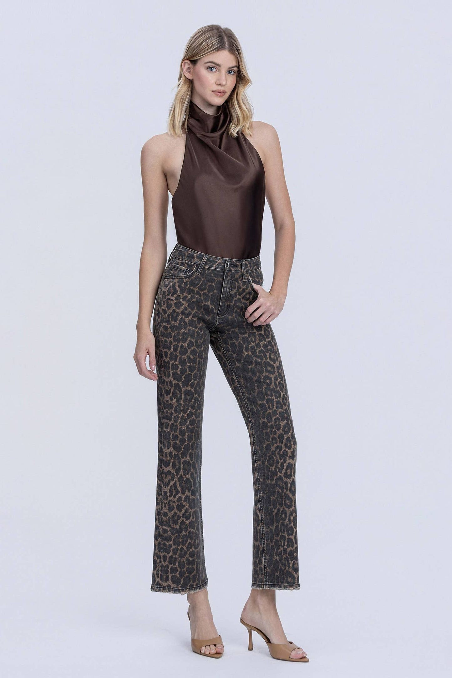 High Rise Leopard Print Slim Wide Jeans