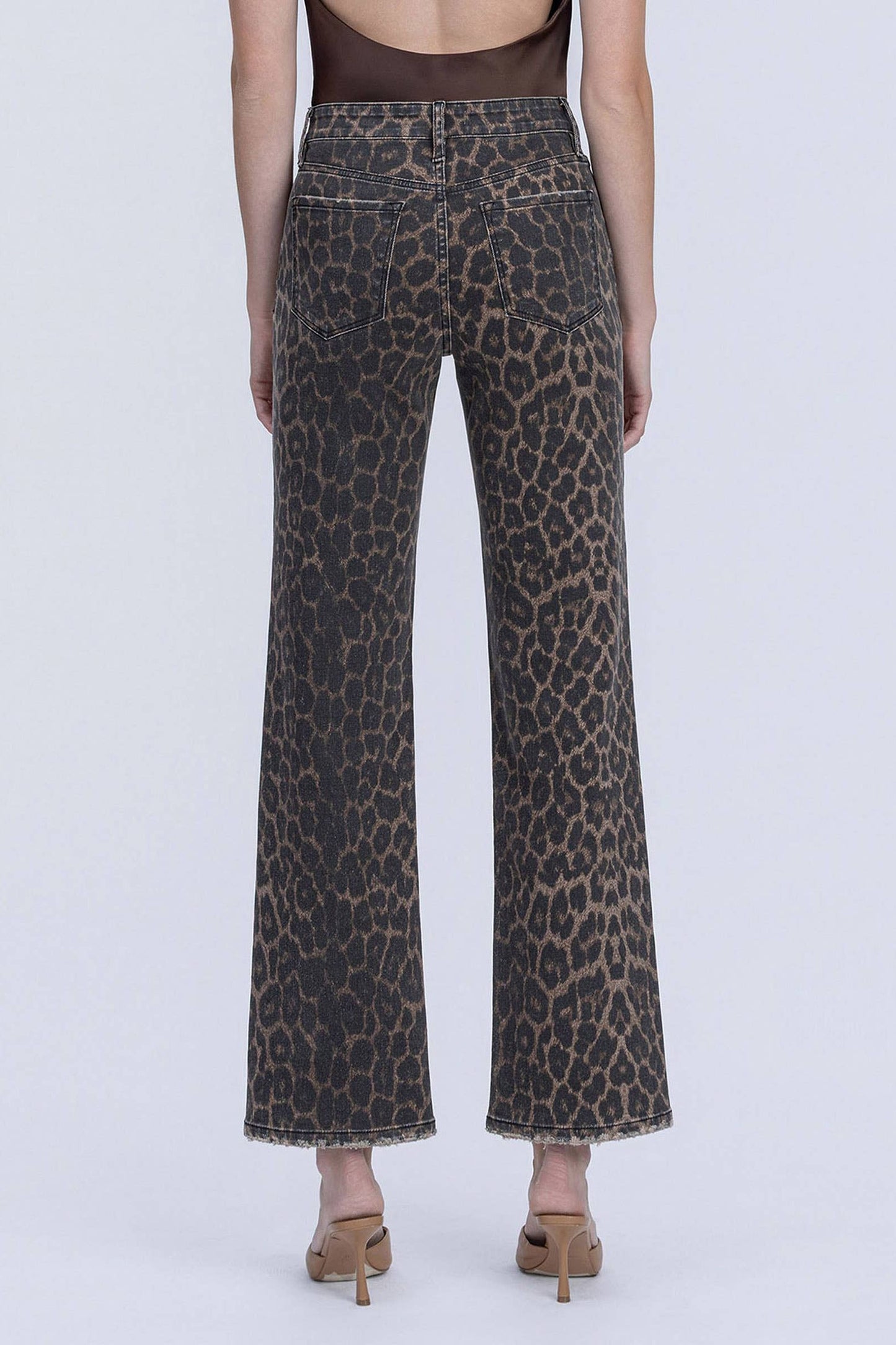 High Rise Leopard Print Slim Wide Jeans
