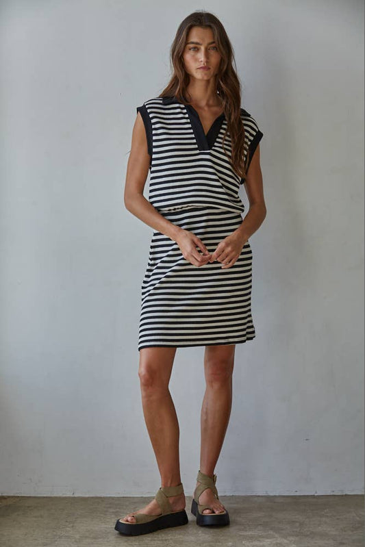 Knit Cotton Spandex Striped Ribbed V-Neck Polo Mini