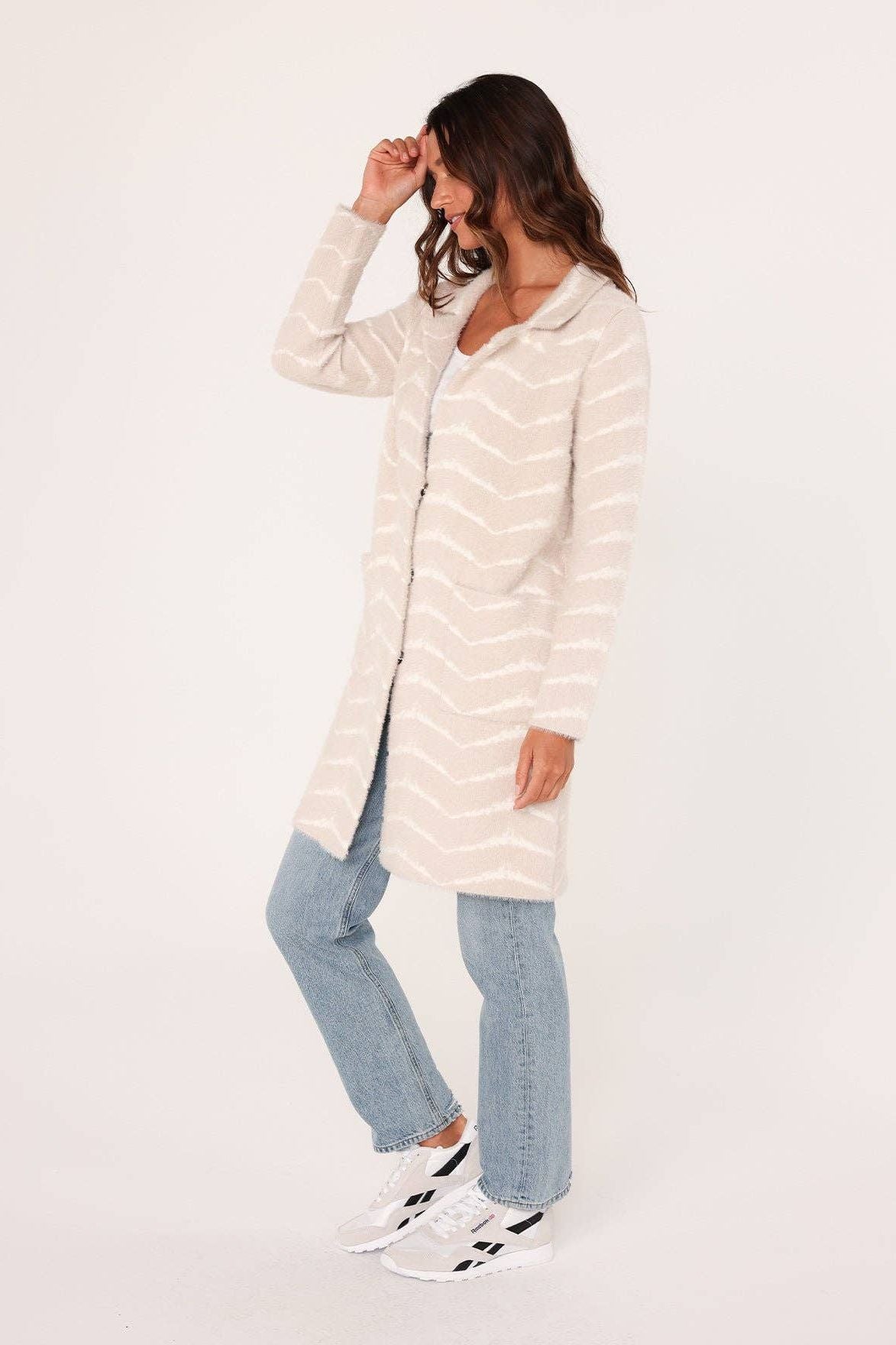 Fuzzy Chevron Jacquard Button Front Cardigan