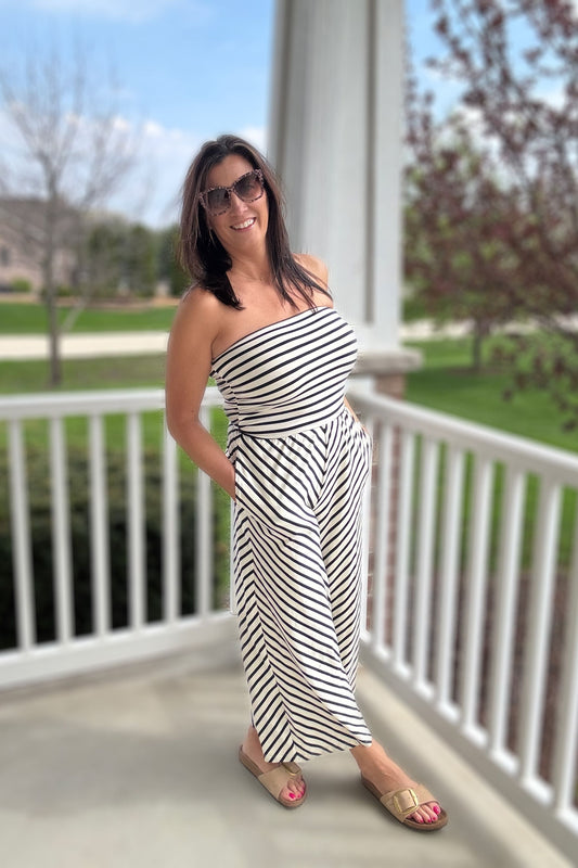 Knit Cotton Spandex Striped Tube Strapless Jumpsuit