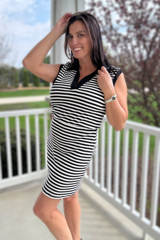 Knit Cotton Spandex Striped Ribbed V-Neck Polo Mini