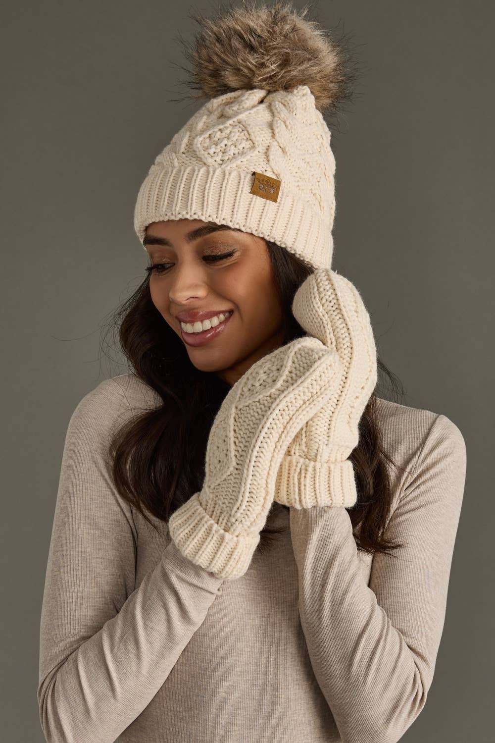 Beige Cable Knit Pom Hat