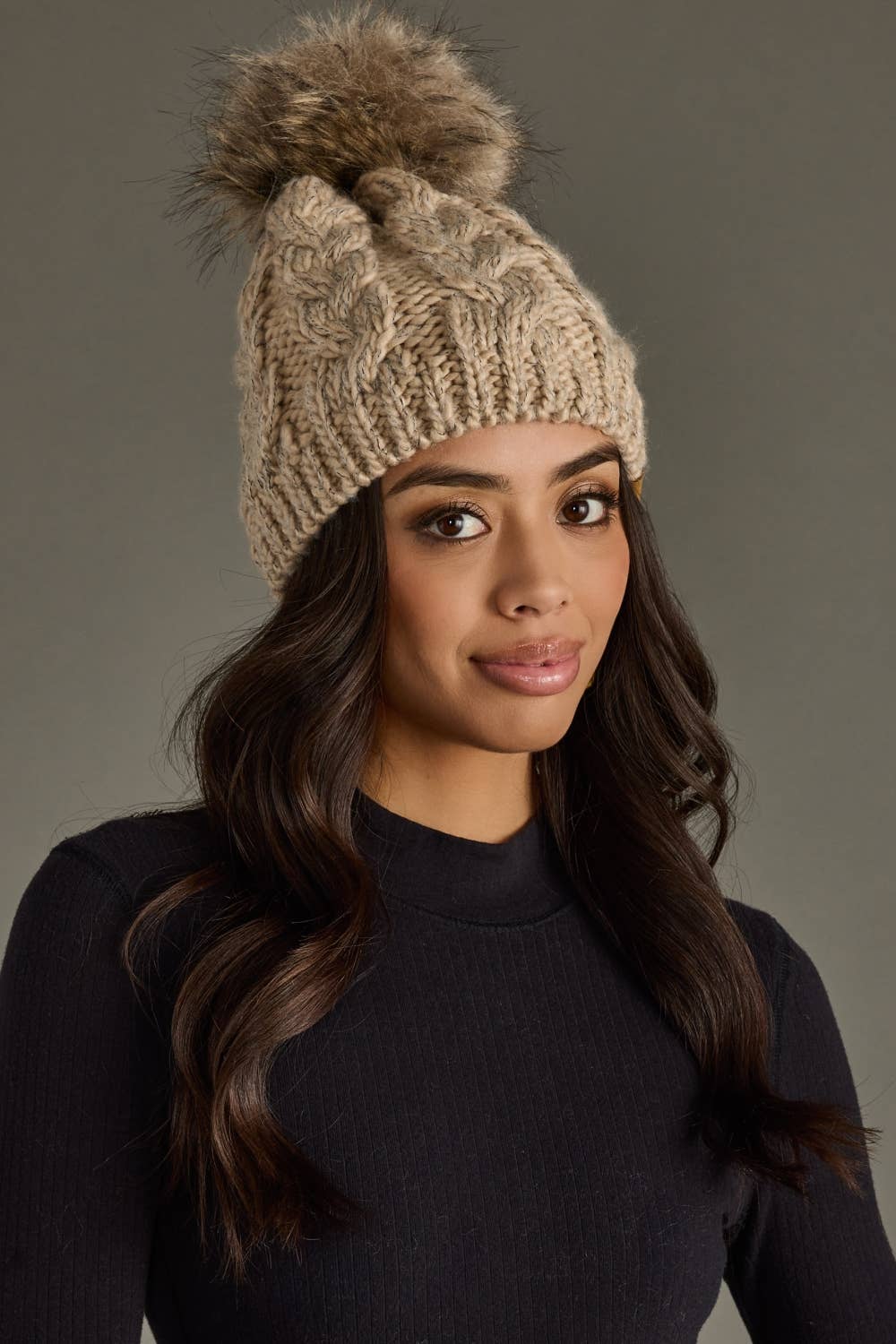 Taupe Cable Knit Pom Hat