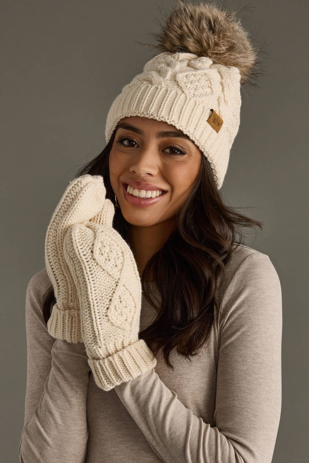 Beige Cable Knit Pom Hat