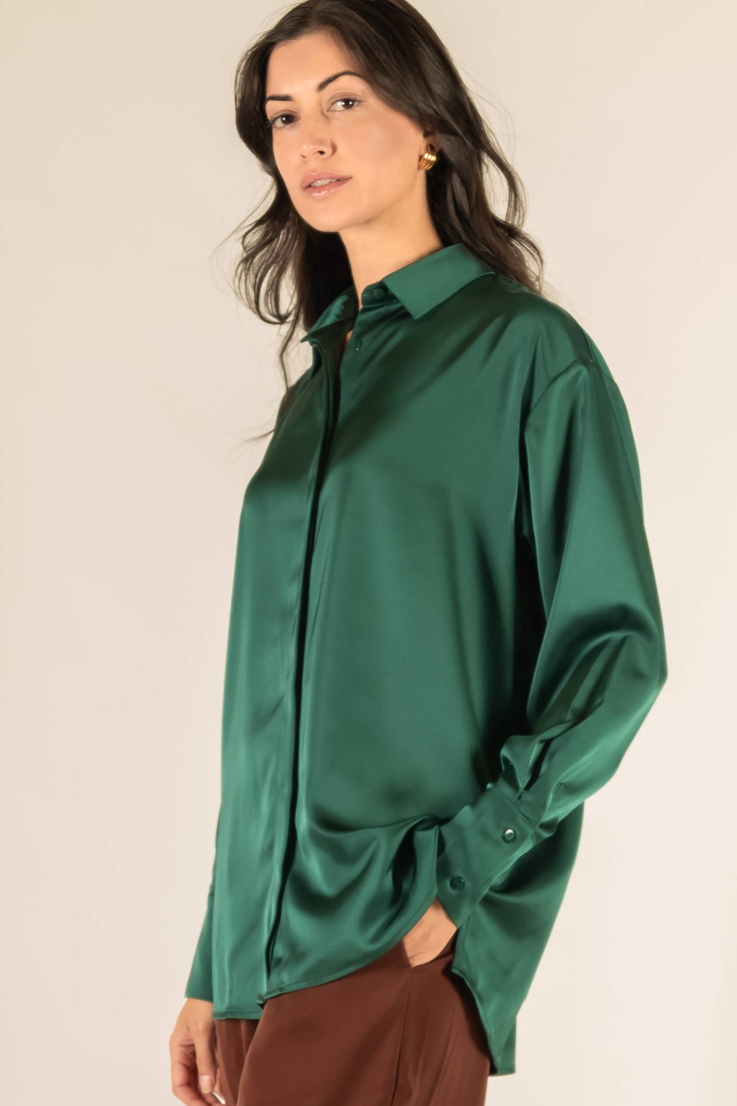 Satin Placket Cover Button Up Shirt