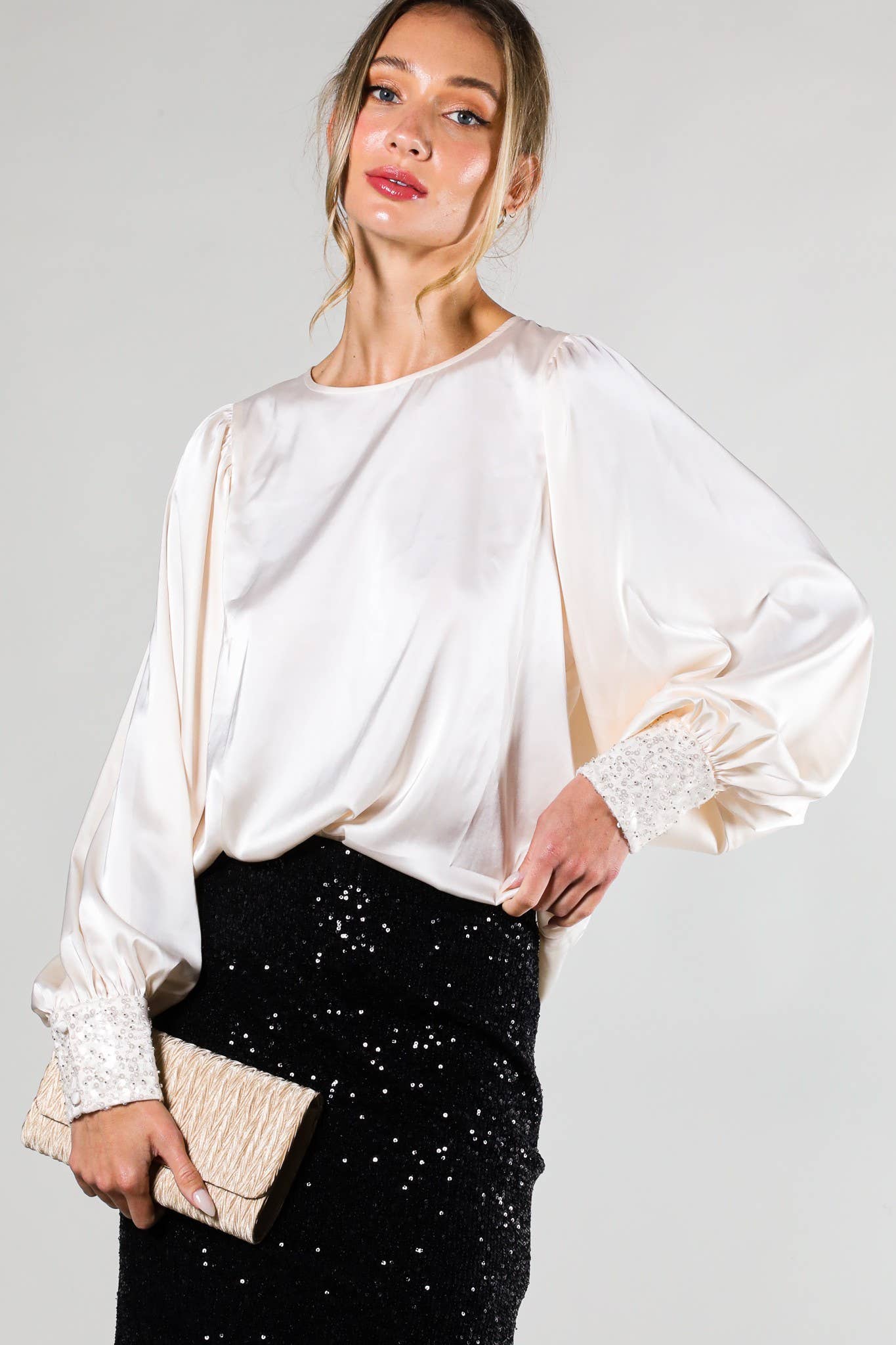 Sequin Cuff Detail Boat Neck Satin Blouse Top