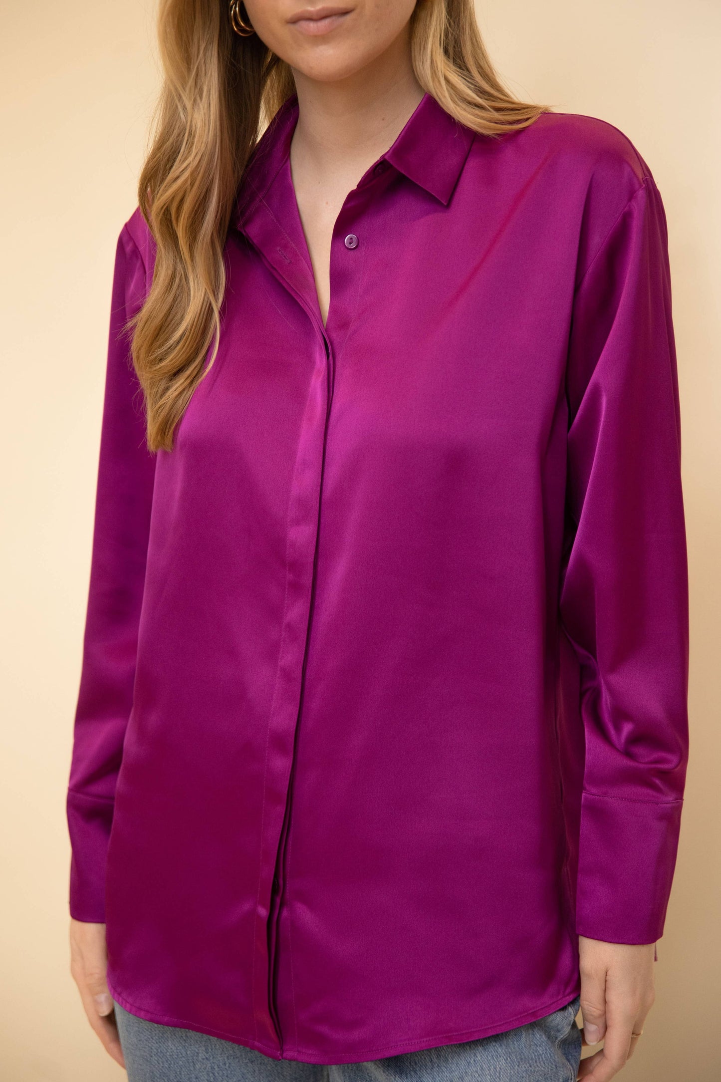 Satin Placket Cover Button Up Shirt