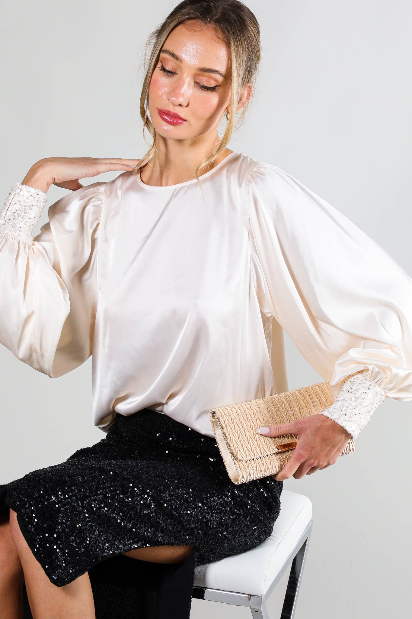 Sequin Cuff Detail Boat Neck Satin Blouse Top