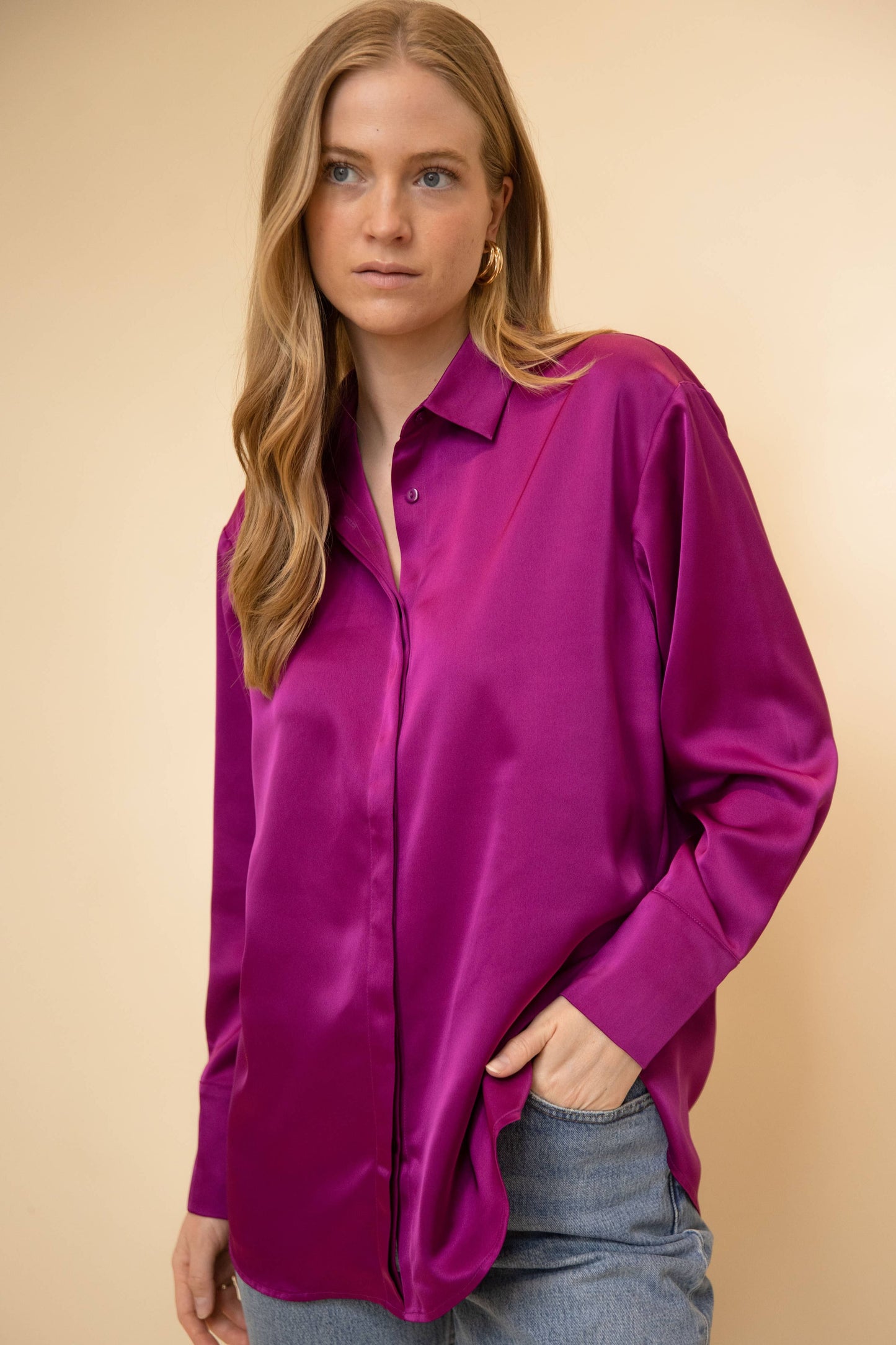 Satin Placket Cover Button Up Shirt