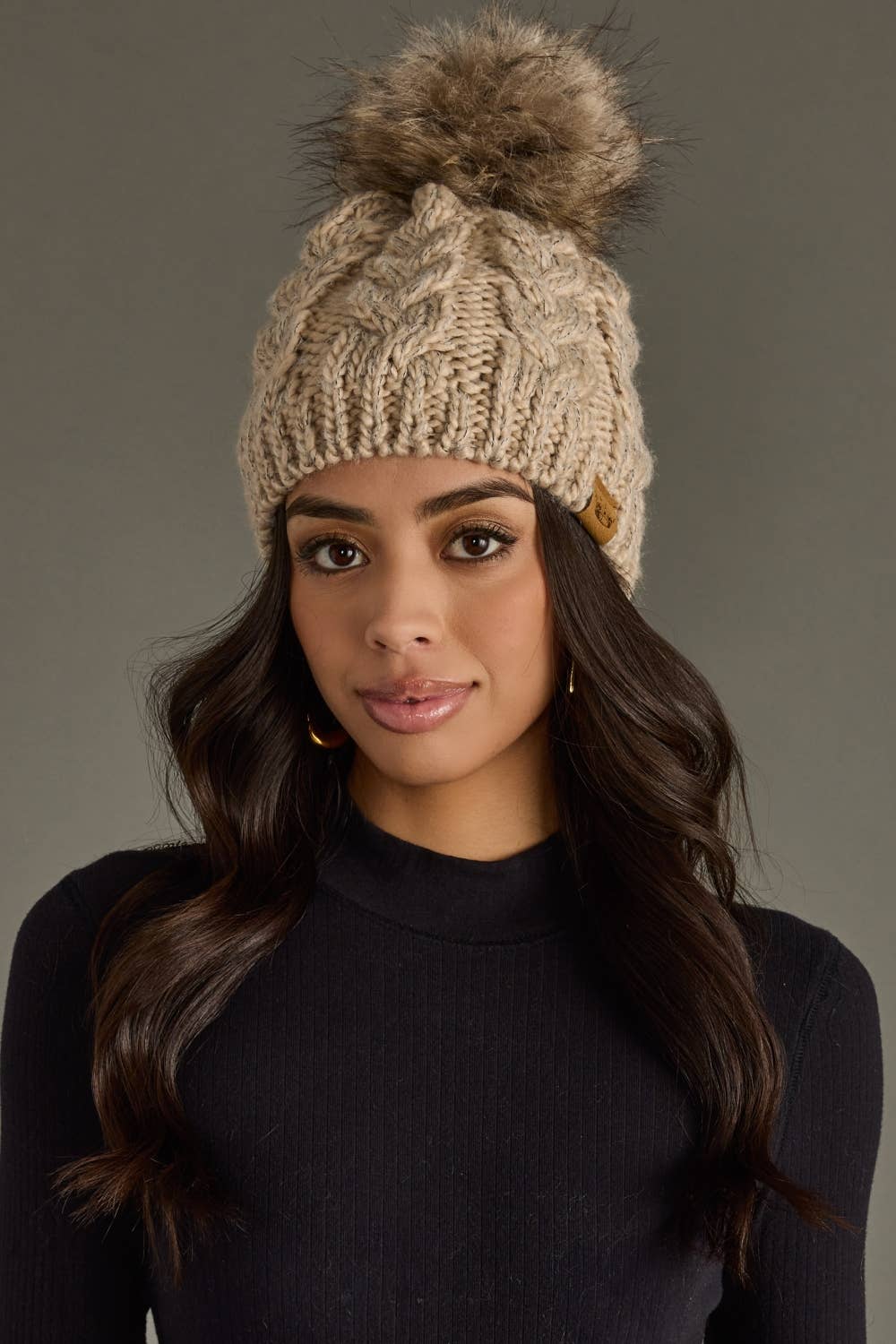 Taupe Cable Knit Pom Hat