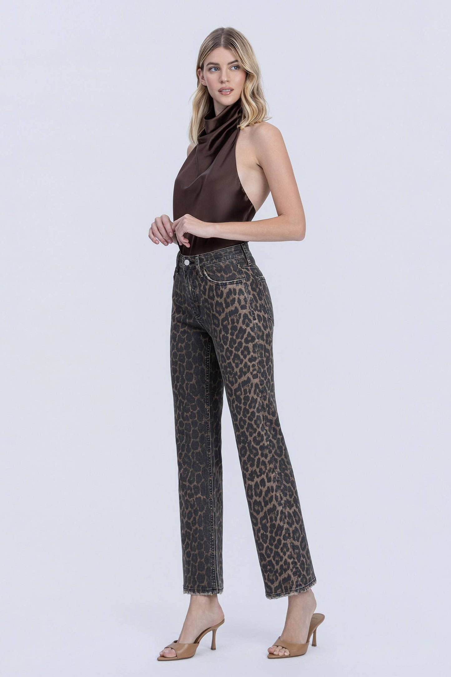 High Rise Leopard Print Slim Wide Jeans