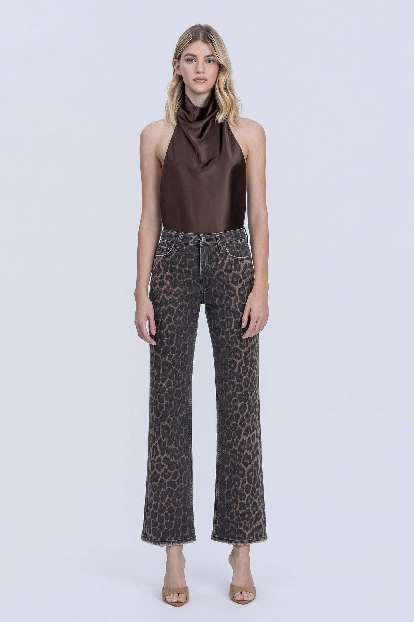 High Rise Leopard Print Slim Wide Jeans