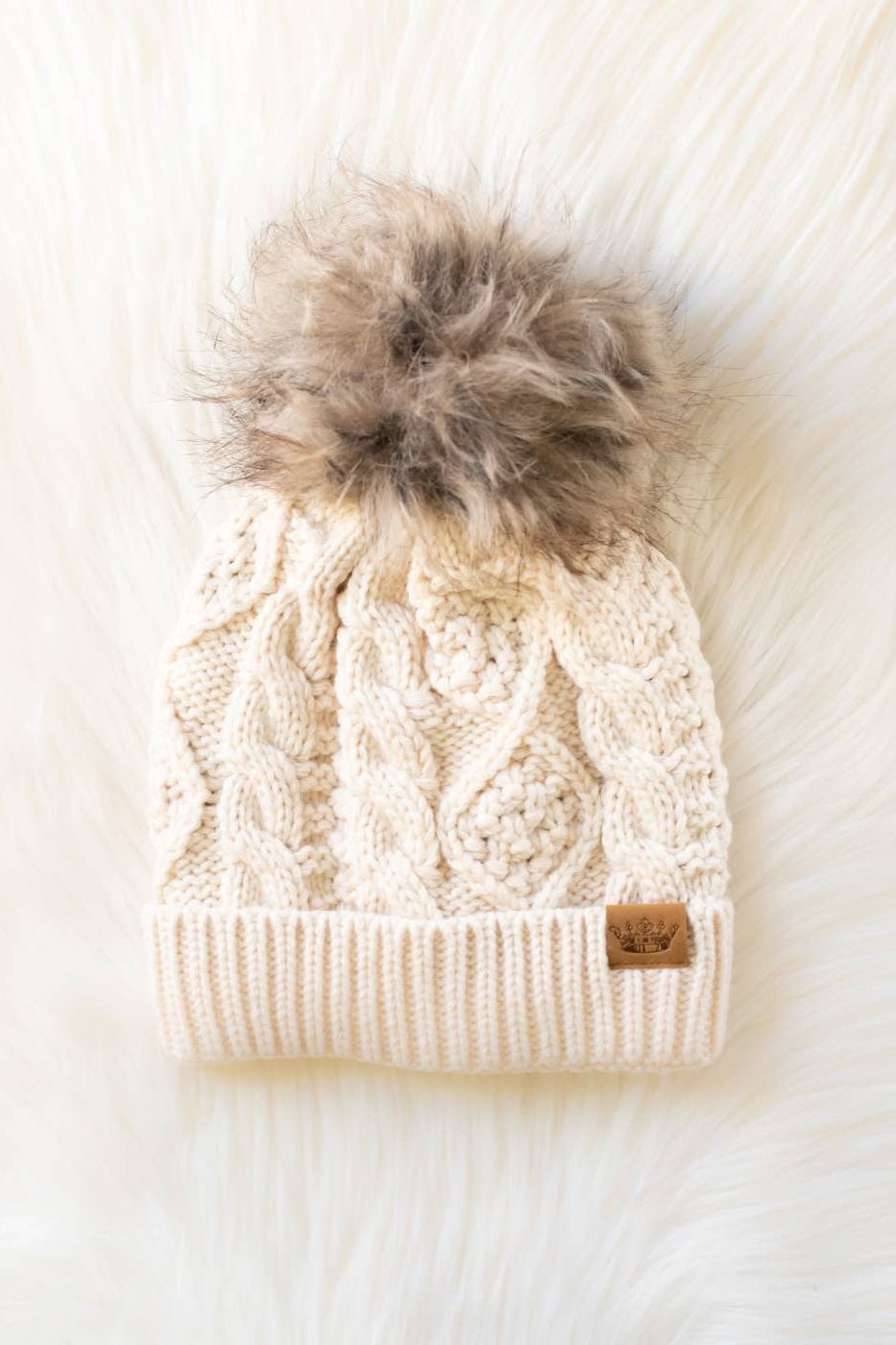 Beige Cable Knit Pom Hat