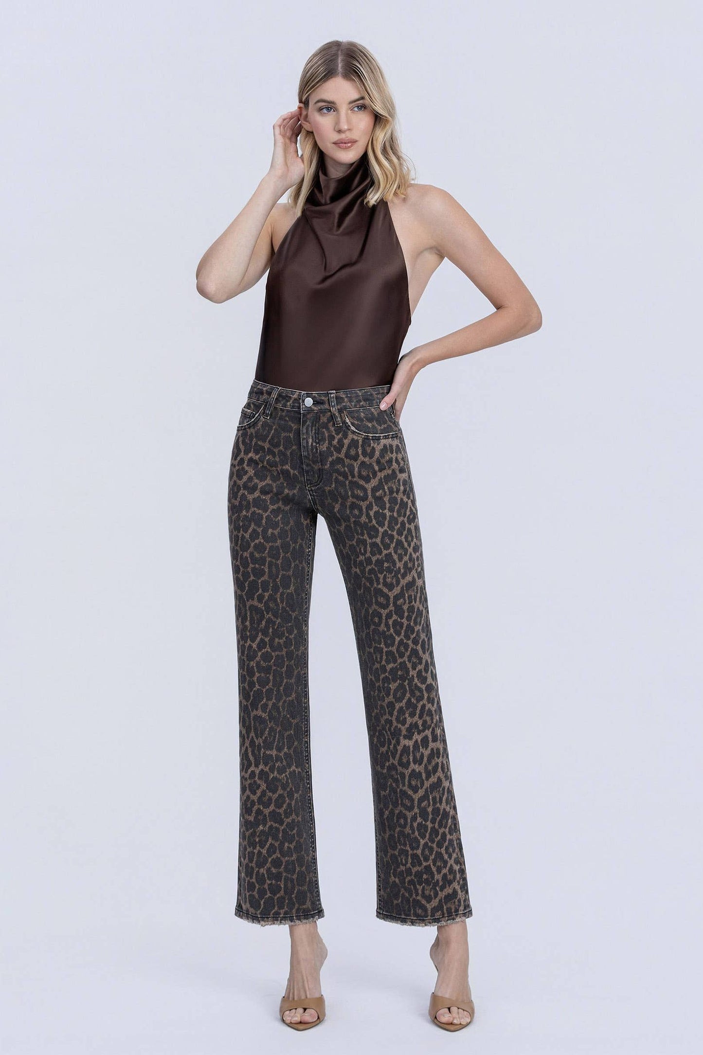 High Rise Leopard Print Slim Wide Jeans