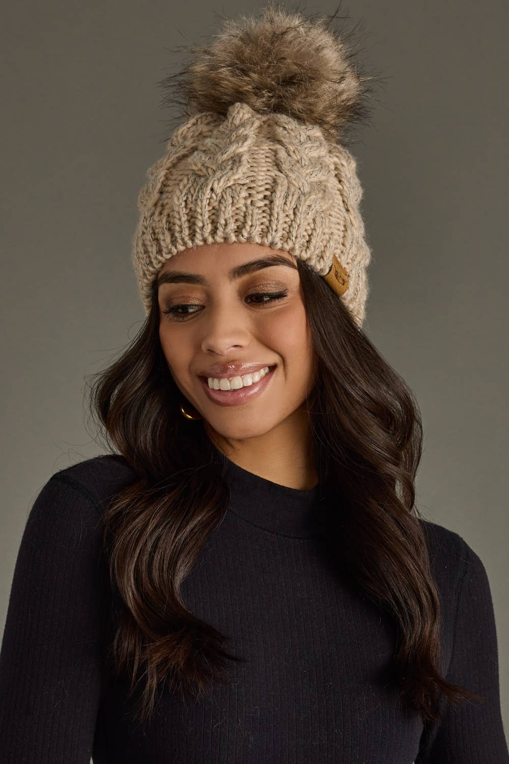 Taupe Cable Knit Pom Hat