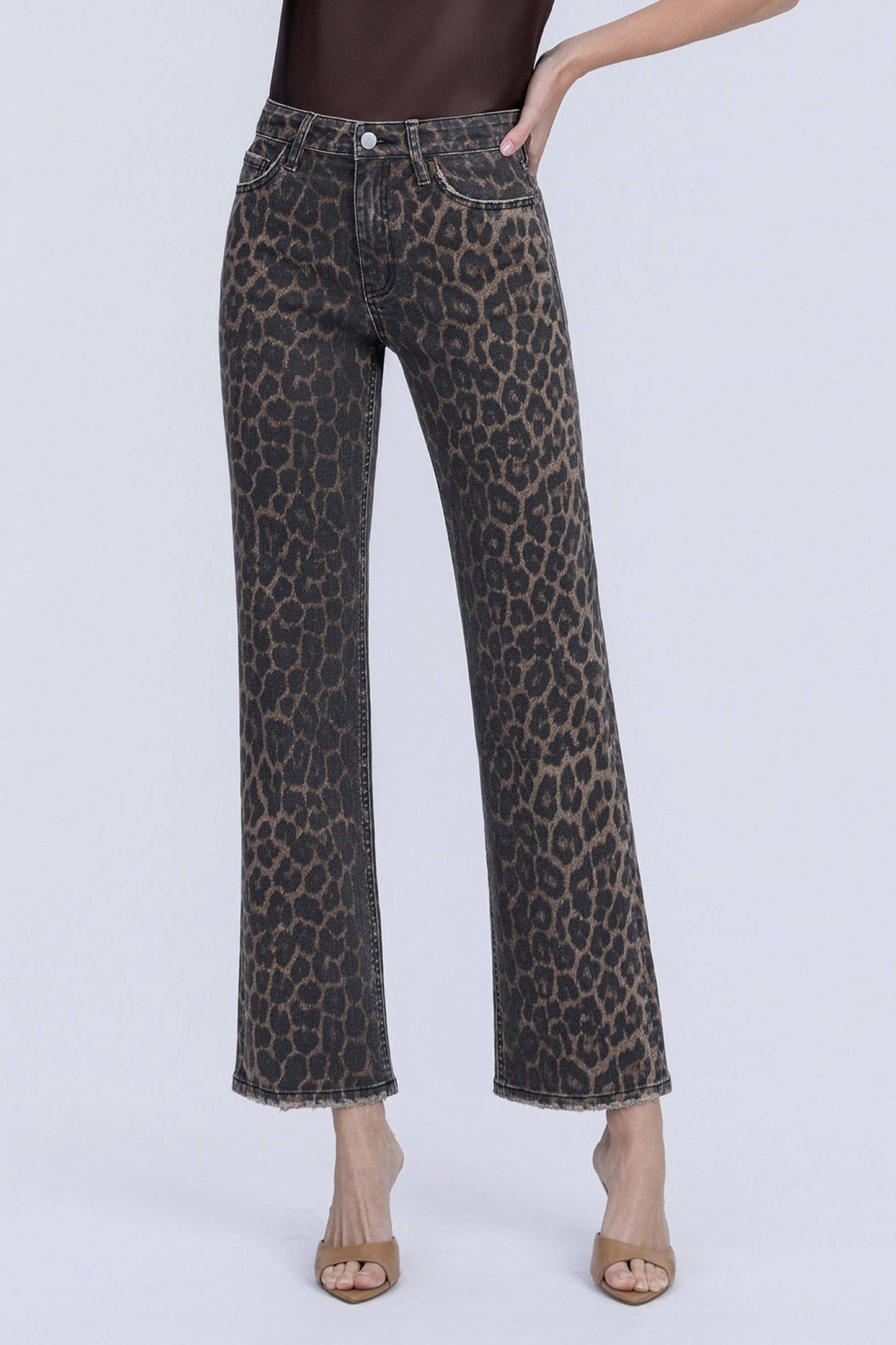 High Rise Leopard Print Slim Wide Jeans