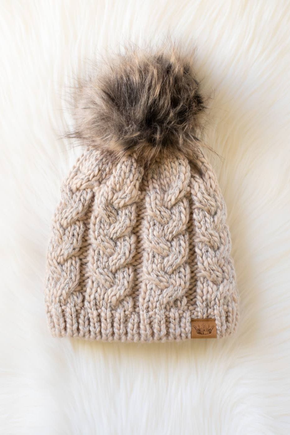 Taupe Cable Knit Pom Hat